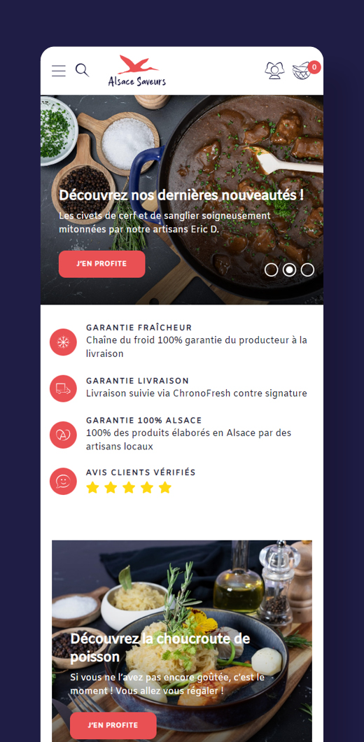 Vente en ligne et E-commerce : Version mobile du site Alsace Saveurs