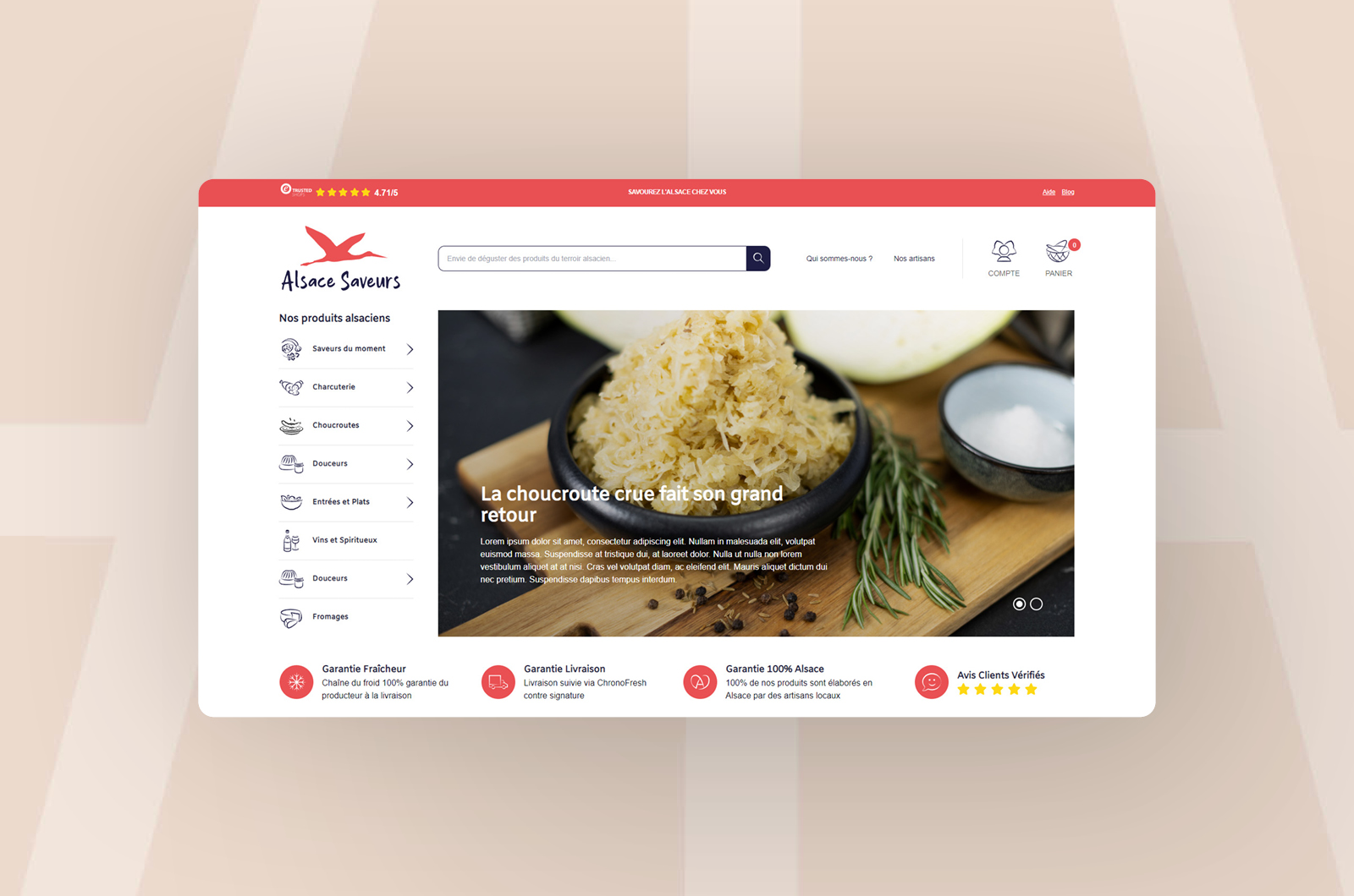 Vente en ligne et E-commerce : Page d'accueil du site Alsace Saveurs